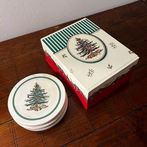 Spode Christmas cards and four Spode coasters